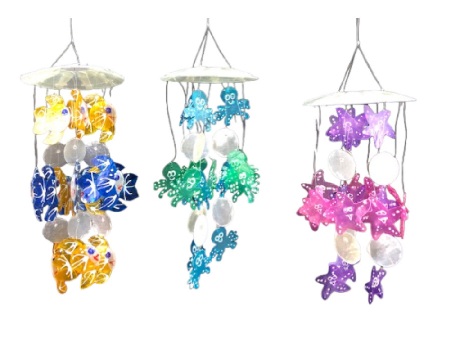 MOVIL CAPIZ COLOR 15x30cm pez/pulpo/estrella pack 6